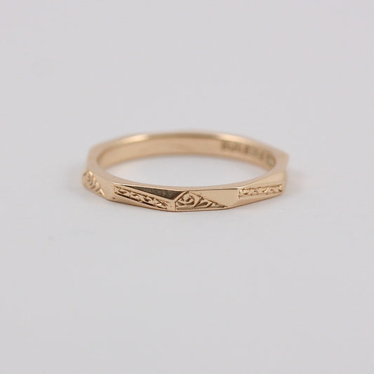 Vintage 9ct Gold Patterned Decagon Band Ring, 1953