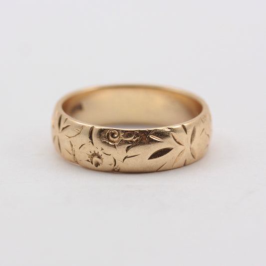 Vintage 9ct Gold Floral Patterned Band Ring, 1970