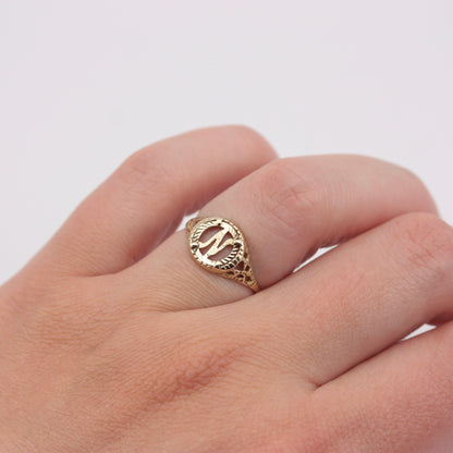 Vintage 9ct Gold Coin Style Letter 'N' Ring, 1993