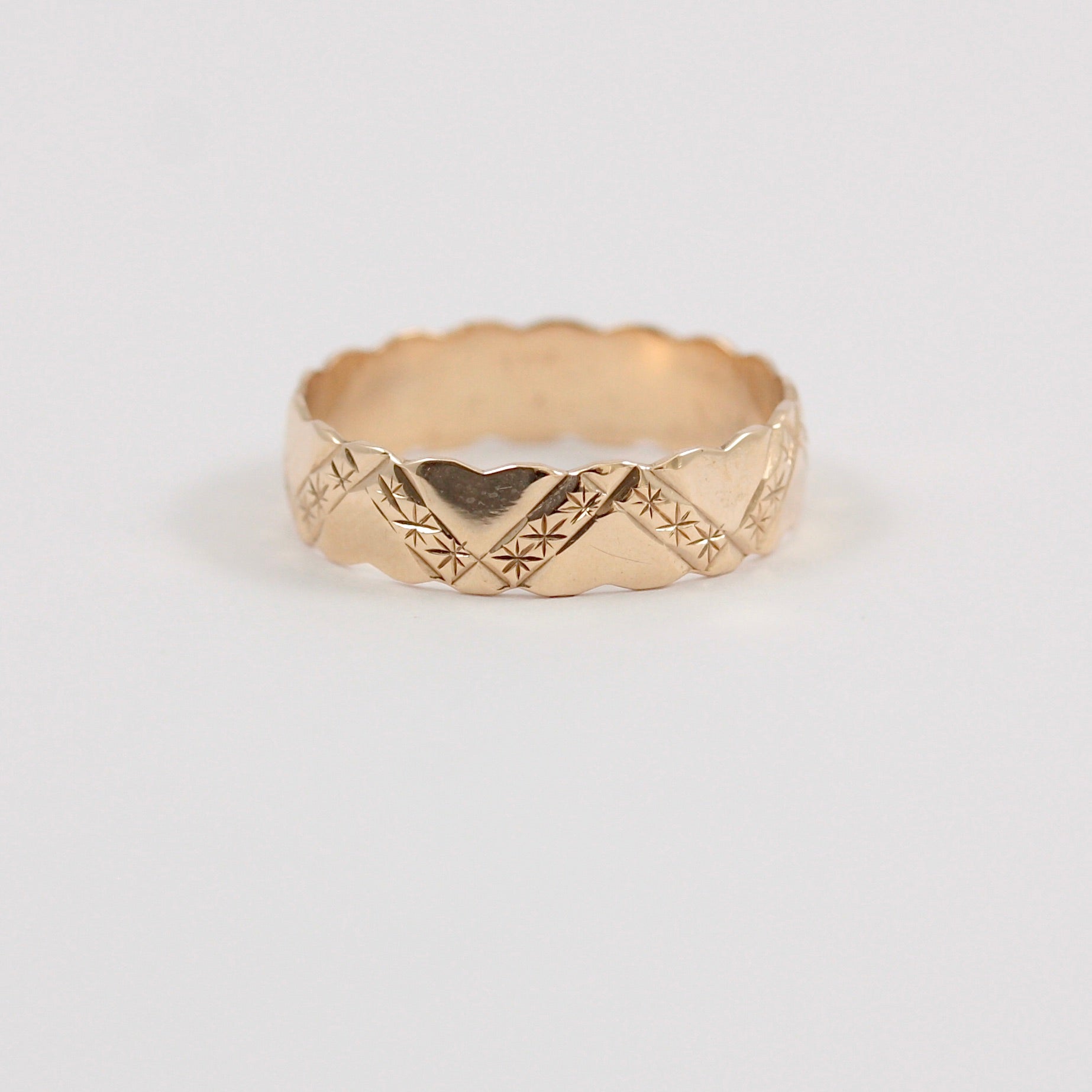 Vintage 9ct Gold Scalloped Edge Patterned Band Ring, 1987