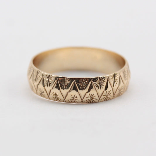 Vintage 9ct Gold Star Patterned Band Ring, 1986