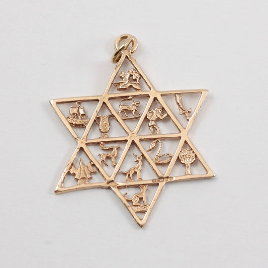 Vintage 9ct Gold Star of David Twelve Tribes of Israel Pendant, 1978