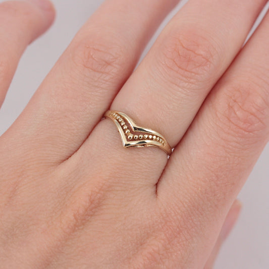 Vintage 9ct Gold Bead Detail Wishbone Ring, 1988