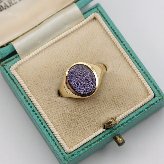 Vintage 9ct Gold Blue Goldstone Signet Ring, 1989