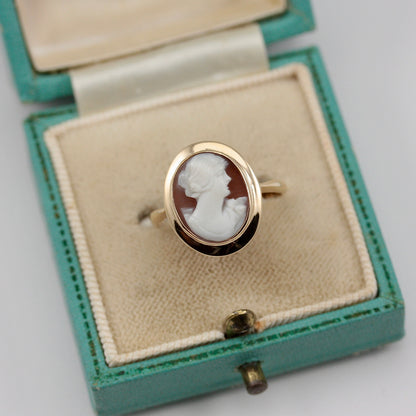 Vintage 9ct Gold Carved Shell Cameo Ring, Early 1970s