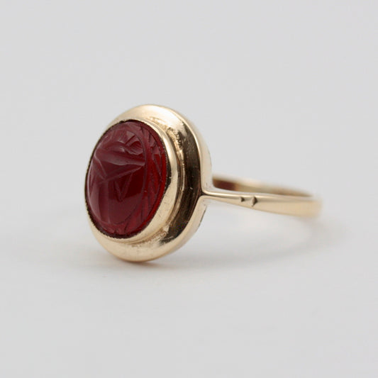 Vintage 9ct Gold Carnelian Scarab Beetle Ring, 1972