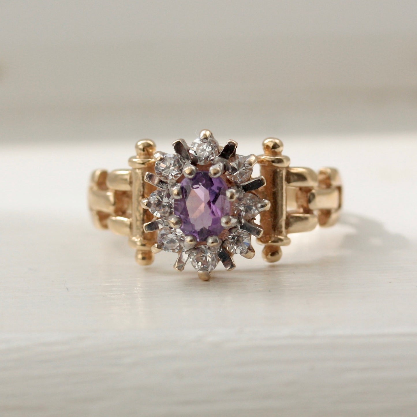 Vintage 9ct Gold Amethyst & CZ Cluster Ring, 1990