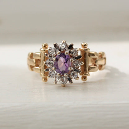 Vintage 9ct Gold Amethyst & CZ Cluster Ring, 1990