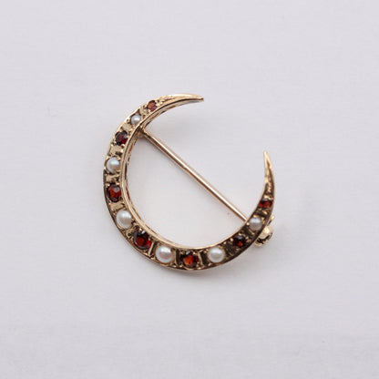 Vintage 9ct Gold Moon Brooch with Garnets and Pearls, 1981