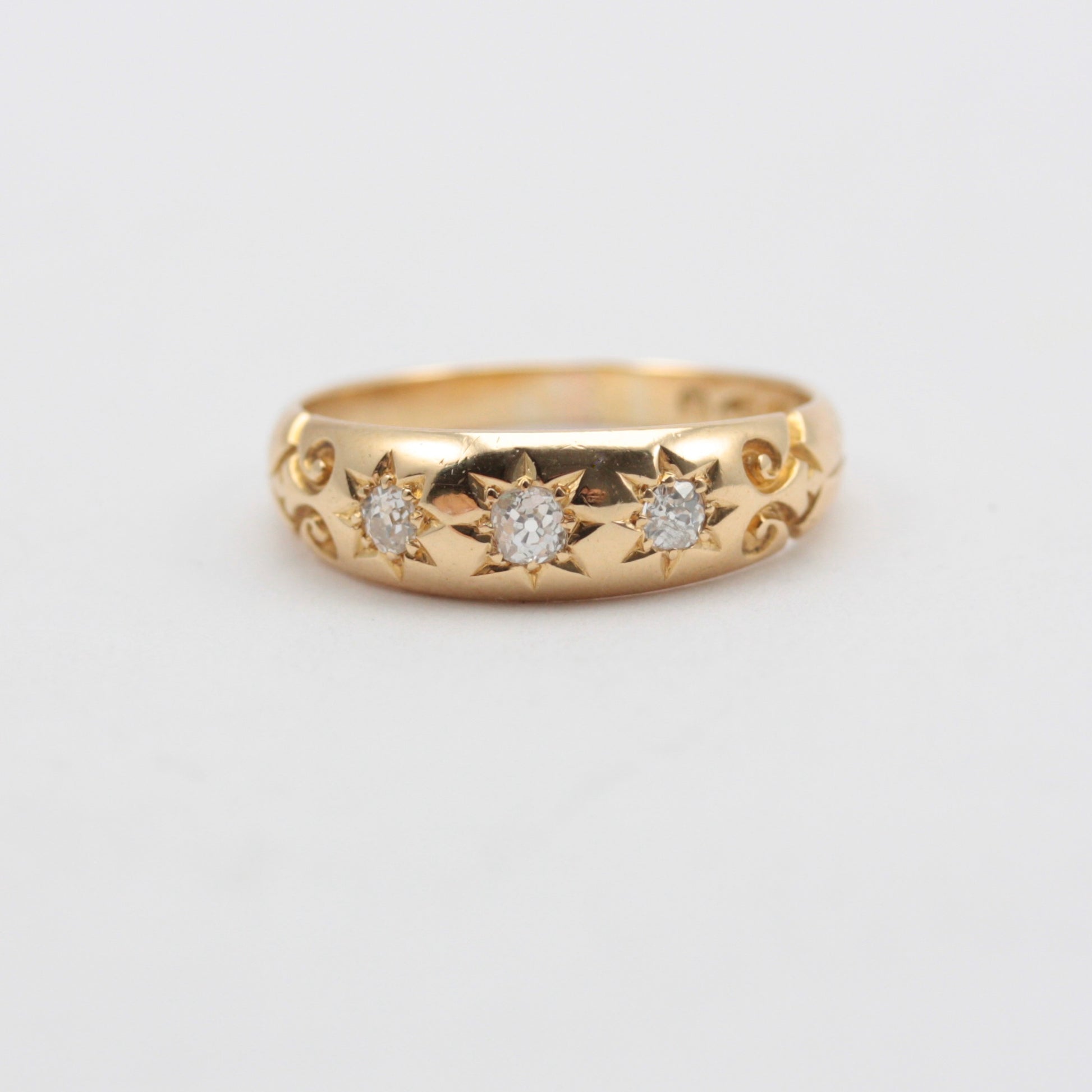 Antique 18ct Gold Star Set Diamond Three Stone Ring, 1892