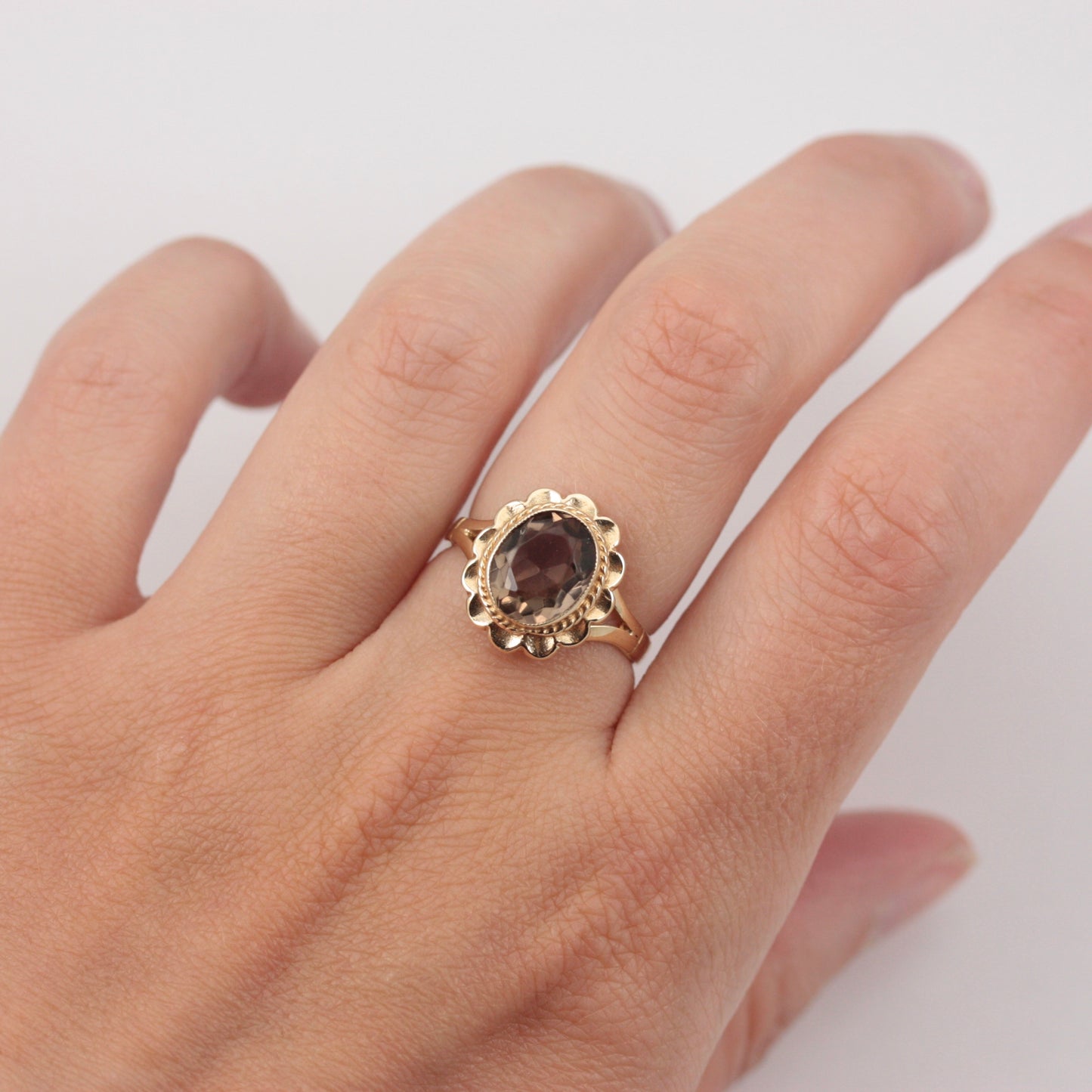 Vintage Yellow Gold Smokey Quartz Fancy Frame Ring