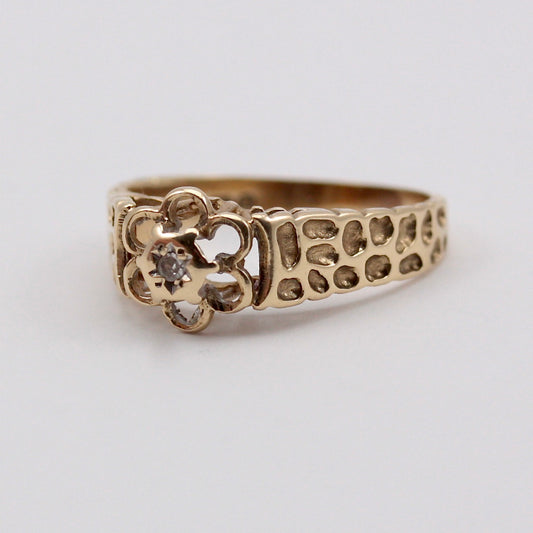 Vintage 9ct Gold Flower Design Ring with Diamond, 1976