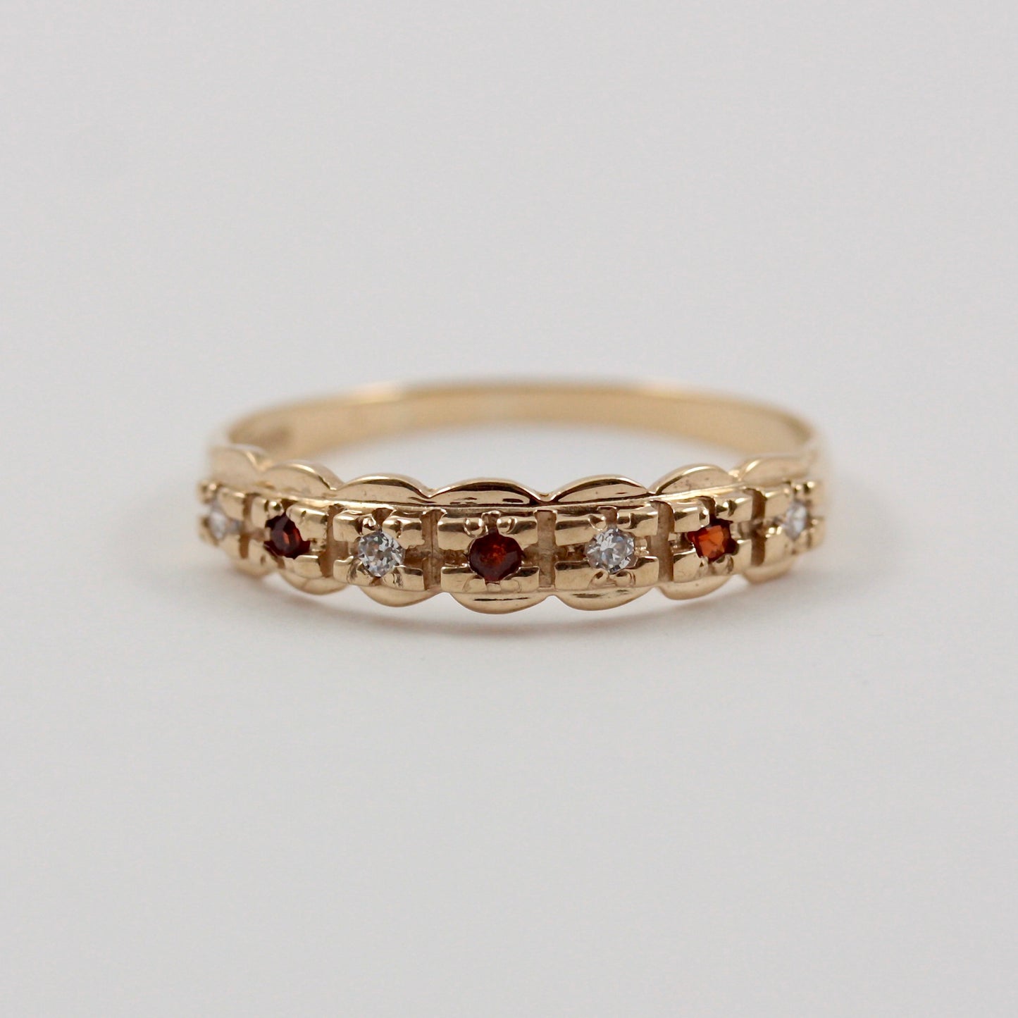 Vintage 9ct Gold Garnet and CZ Scallop Edge Ring, 1997