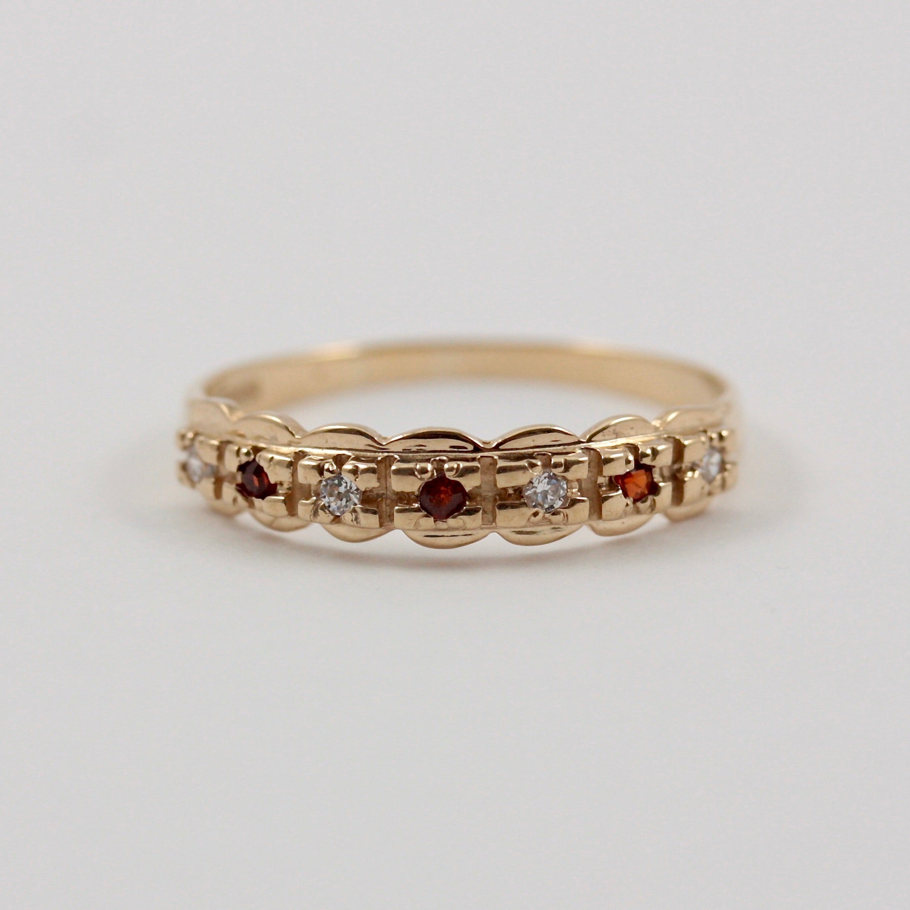 Vintage 9ct Gold Garnet and CZ Scallop Edge Ring, 1997