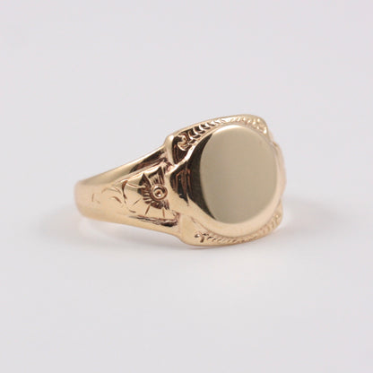 Vintage 9ct Gold Round Blank Signet Ring with Floral Shoulders, 1947