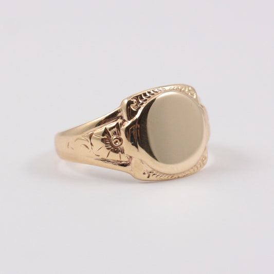 Vintage 9ct Gold Round Blank Signet Ring with Floral Shoulders, 1947