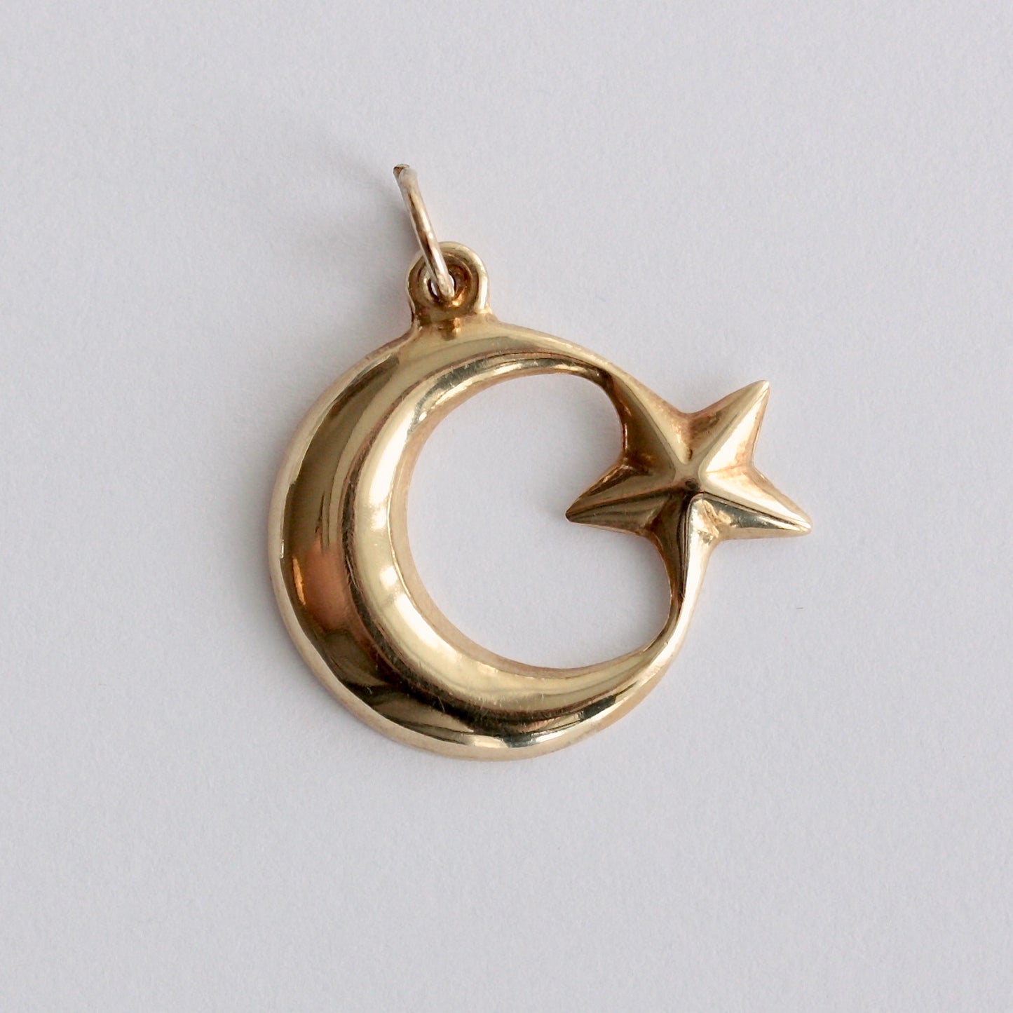 Vintage Yellow Gold Crescent Moon and Star Pendant