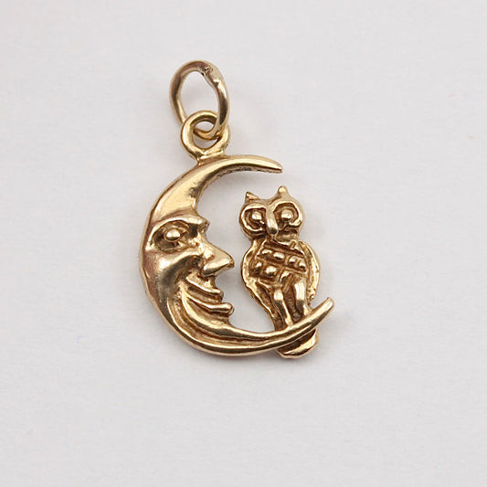 Vintage 9ct Gold Owl and Moon Charm, 1994