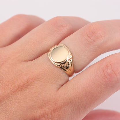 Vintage 9ct Gold Round Blank Signet Ring with Floral Shoulders, 1947