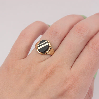 Vintage 9ct Gold Striped Onyx Signet Ring, 1988