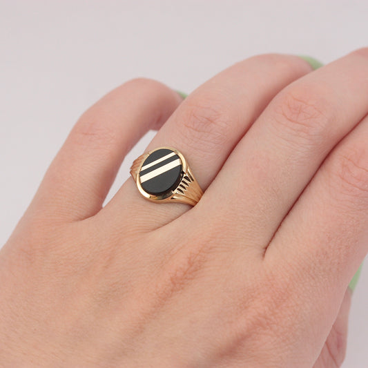Vintage 9ct Gold Striped Onyx Signet Ring, 1988