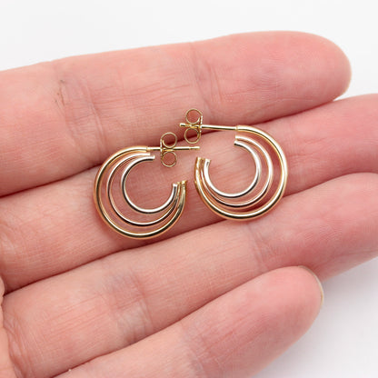 Vintage 9ct Tri Colour Gold Triple Hoop Earrings, Small