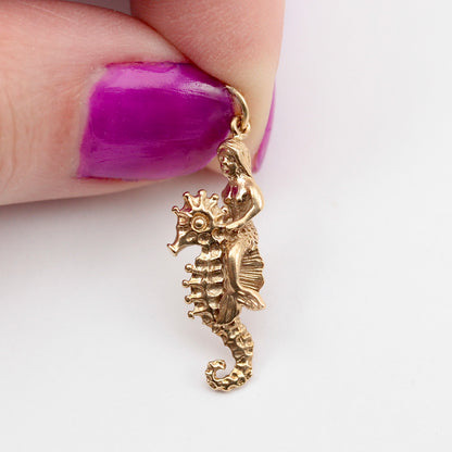Vintage 9ct Gold Mermaid Riding a Seahorse Charm, 1988