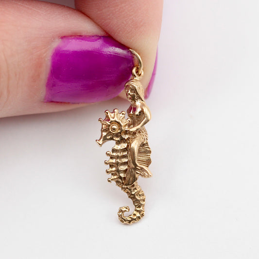 Vintage 9ct Gold Mermaid Riding a Seahorse Charm, 1988