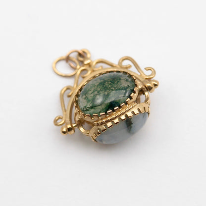 Vintage 9ct Gold Three Sided Moss Agate Spinner Fob Pendant
