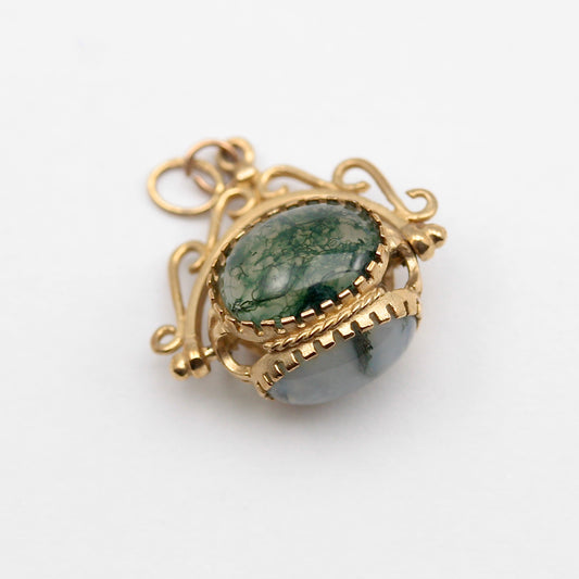 Vintage 9ct Gold Three Sided Moss Agate Spinner Fob Pendant