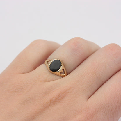 Vintage 9ct Gold Onyx Signet Ring with Heart Cut Out Shoulders, 1981