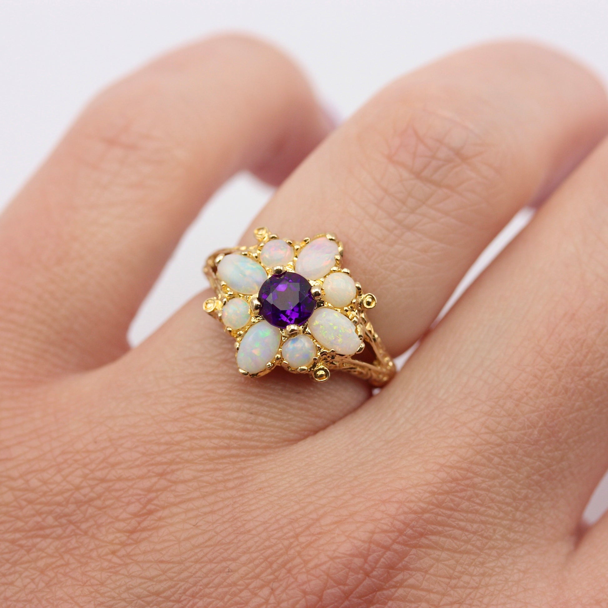 Vintage 9ct Gold Opal and Amethyst Cluster Ring, 1975