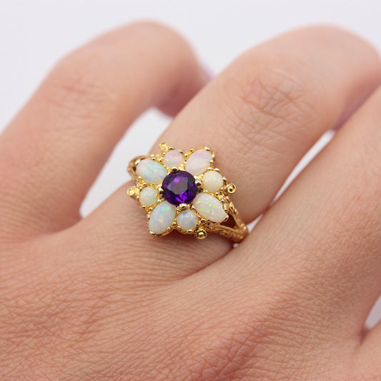 Vintage 9ct Gold Opal and Amethyst Cluster Ring, 1975