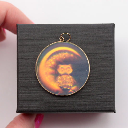 Vintage 9ct Gold Owl and Moon Hologram Pendant, 1990s