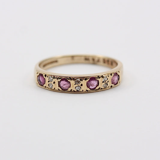 Vintage 9ct Gold Ruby and Diamond Half Eternity Band Ring, 1986