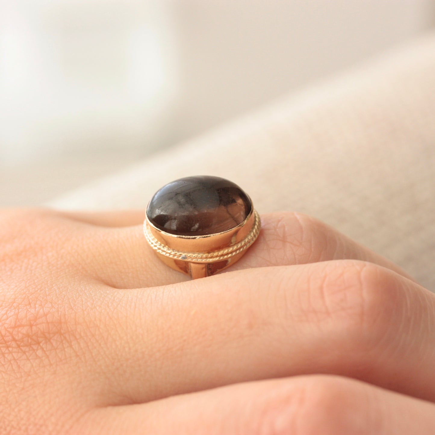 Vintage 9ct Gold Smoky Quartz Cabochon Ring, Late 1970s