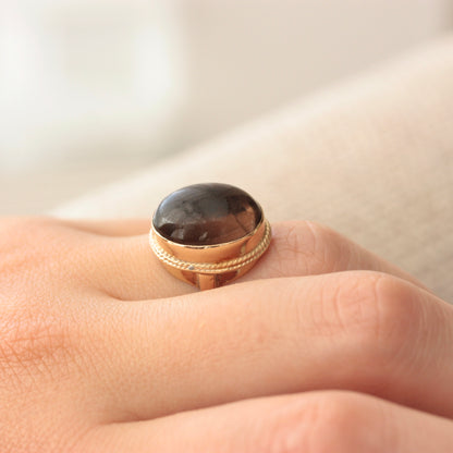 Vintage 9ct Gold Smoky Quartz Cabochon Ring, Late 1970s
