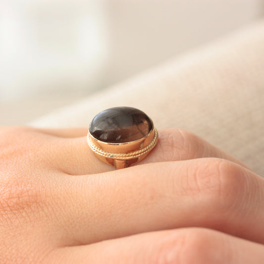 Vintage 9ct Gold Smoky Quartz Cabochon Ring, Late 1970s