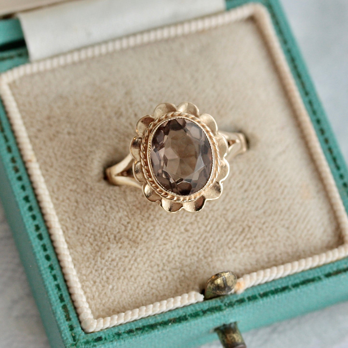 Vintage Yellow Gold Smoky Quartz Fancy Frame Ring