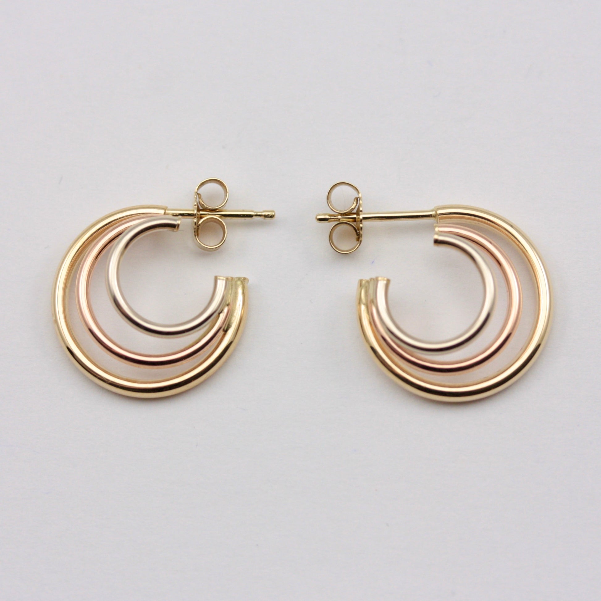 Vintage 9ct Tri Colour Gold Triple Hoop Earrings, Small