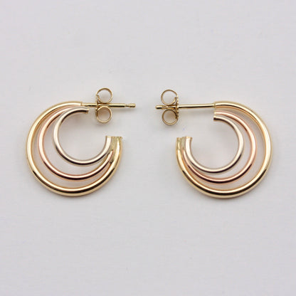 Vintage 9ct Tri Colour Gold Triple Hoop Earrings, Small