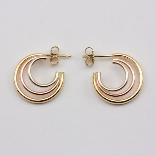 Vintage 9ct Tri Colour Gold Triple Hoop Earrings, Small