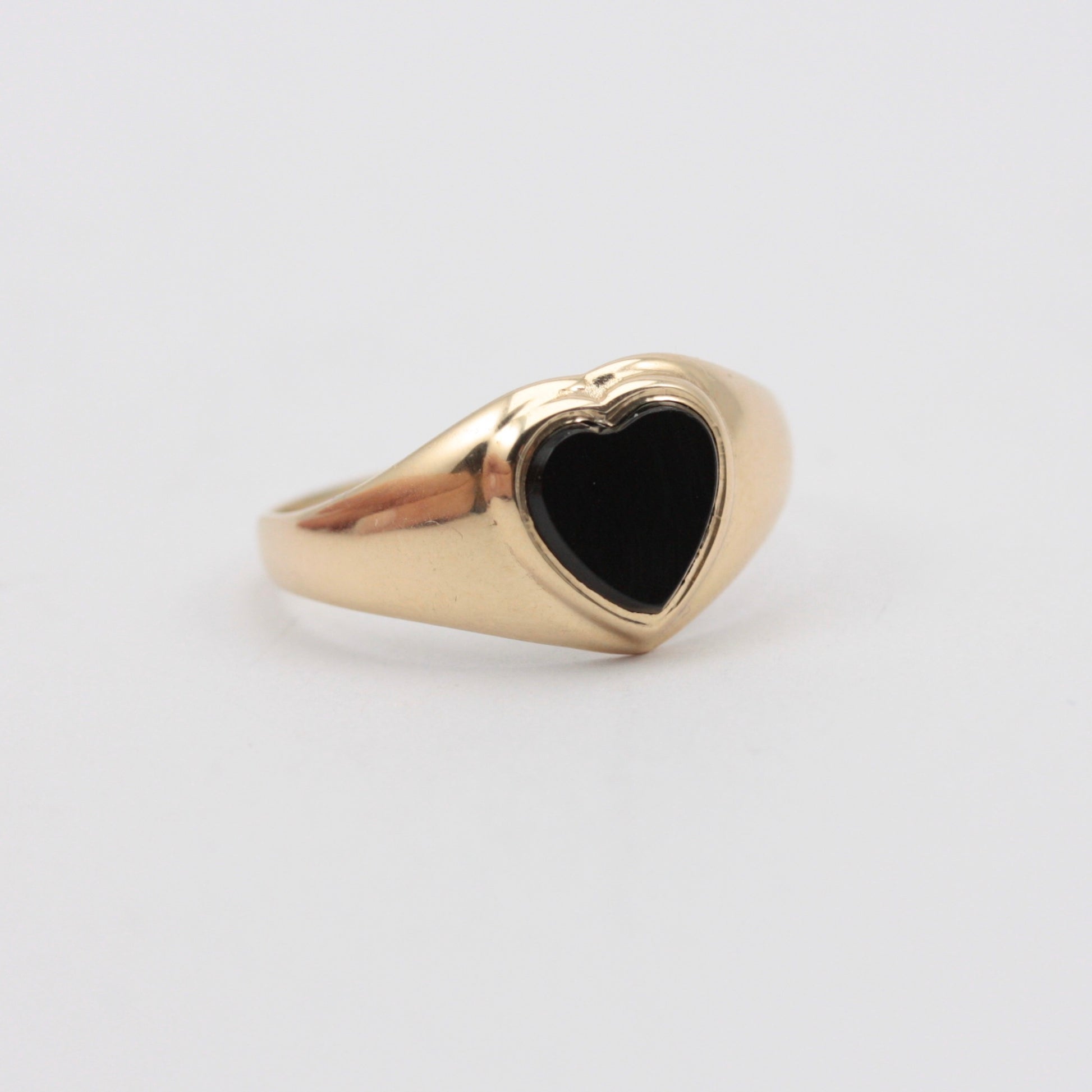 Vintage 9ct Gold + Black Onyx Heart Signet Ring, 1983