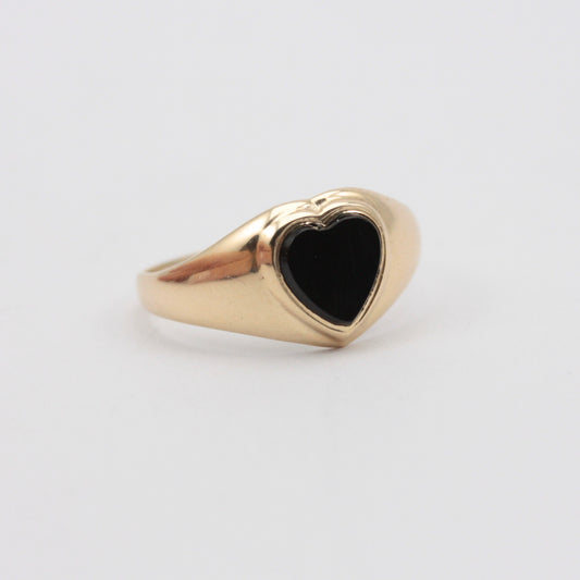 Vintage 9ct Gold + Black Onyx Heart Signet Ring, 1983
